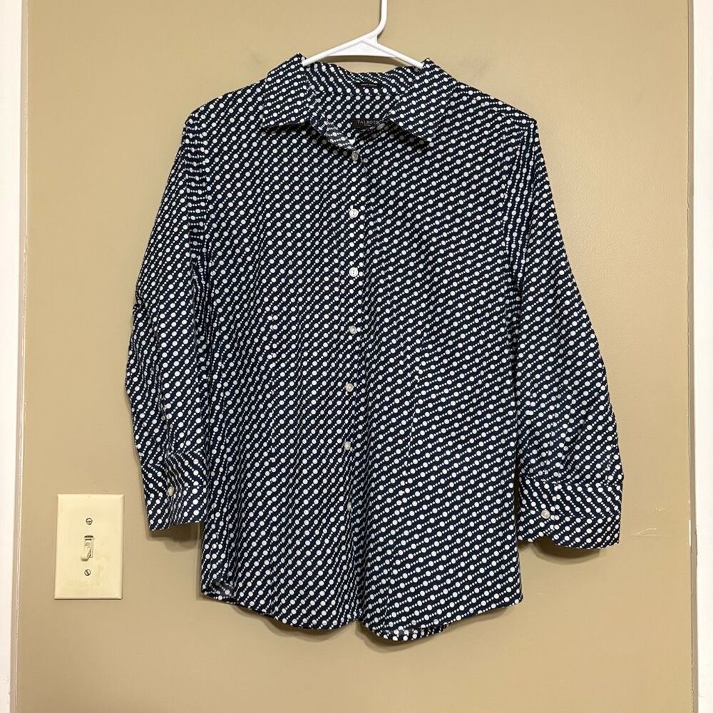 Talbots Navy White Button Up Cotton Blouse Polka Dot Wrinkle Resistant Petite 12
